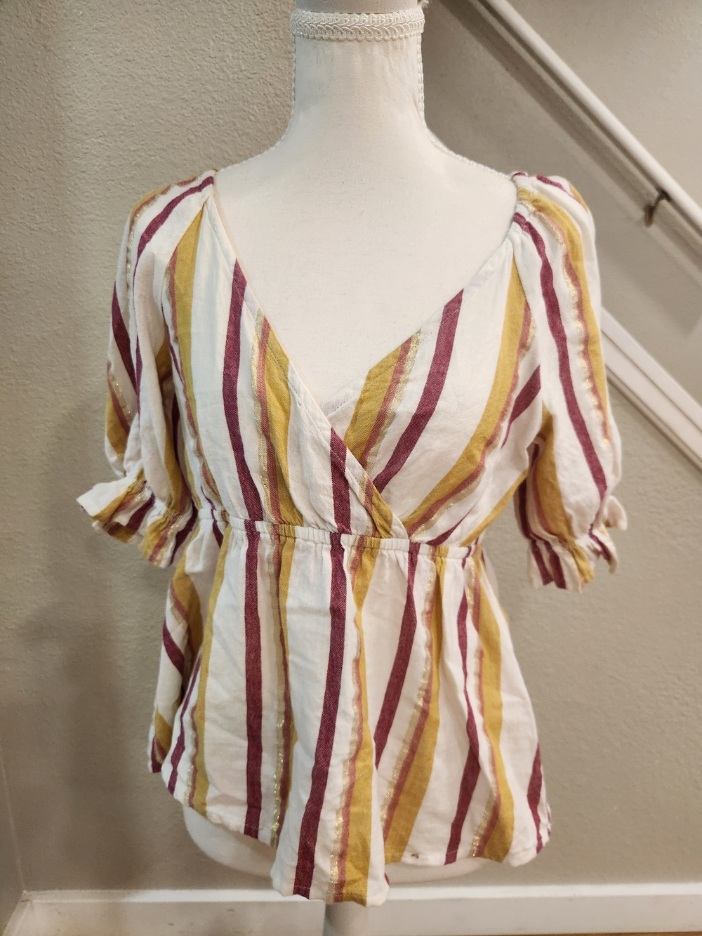 Striped Wrap Blouse in White, Mustard & Burgundy